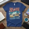 Retro t-shirt design with text "The Last Chapter Is The Most Important" and an open book graphic surrounded by flowers