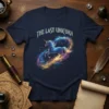 The Last Unicorn T-Shirt with a vibrant, celestial unicorn graphic swirling in a galaxy of stars and nebulae