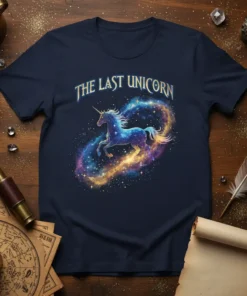 The Last Unicorn T-Shirt with a vibrant, celestial unicorn graphic swirling in a galaxy of stars and nebulae