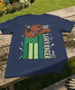 The Lawn Ranger text with cowboy hat and American flag background on a navy t-shirt. Includes gardening tools