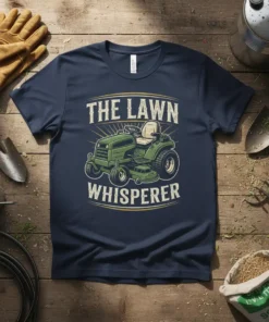 The Lawn Whisperer t-shirt featuring a vintage-style riding mower graphic and distressed text