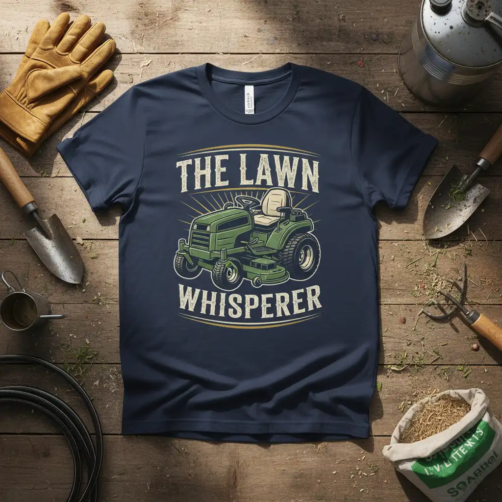 The Lawn Whisperer riding mower graphic t-shirt design for yard work lovers