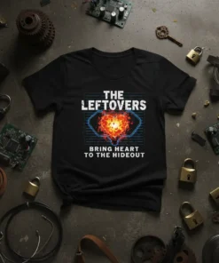 The Leftovers Bring Heart To The Hideout t-shirt design with fiery heart graphic and blue grid background