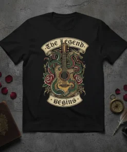The Legend Begins T-Shirt with a detailed dragon wrapped around a guitar, surrounded by roses