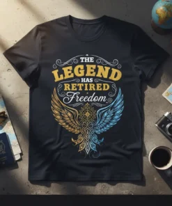 The Legend Has Retired Freedom text with wings and compass graphic on a black t-shirt