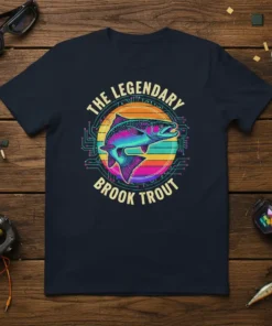 The Legendary Brook Trout text design with a vibrant, colorful brook trout graphic and circuit board elements