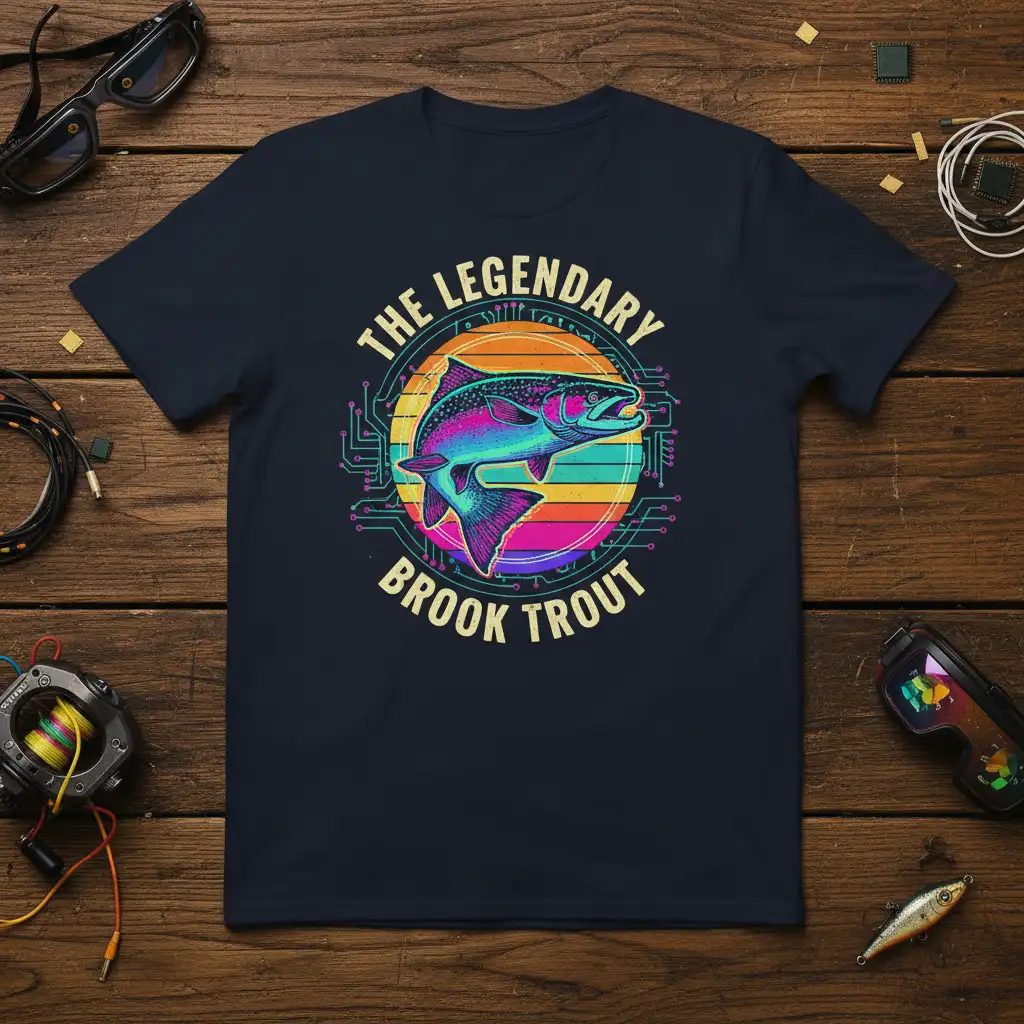 The Legendary Brook Trout text design featuring a colorful brook trout and circuit board graphics