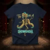 The Life of a Showghoul text with a skeleton performer in elaborate costume and headdress on a navy t-shirt