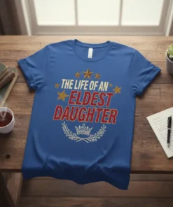 Blue t-shirt with gold stars and red glitter text reading "The Life of an Eldest Daughter" and a crown graphic