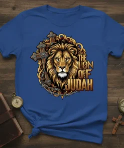 The Lion Off Judah Christian t-shirt design featuring a detailed lion head, cross, and barbed wire with bold text