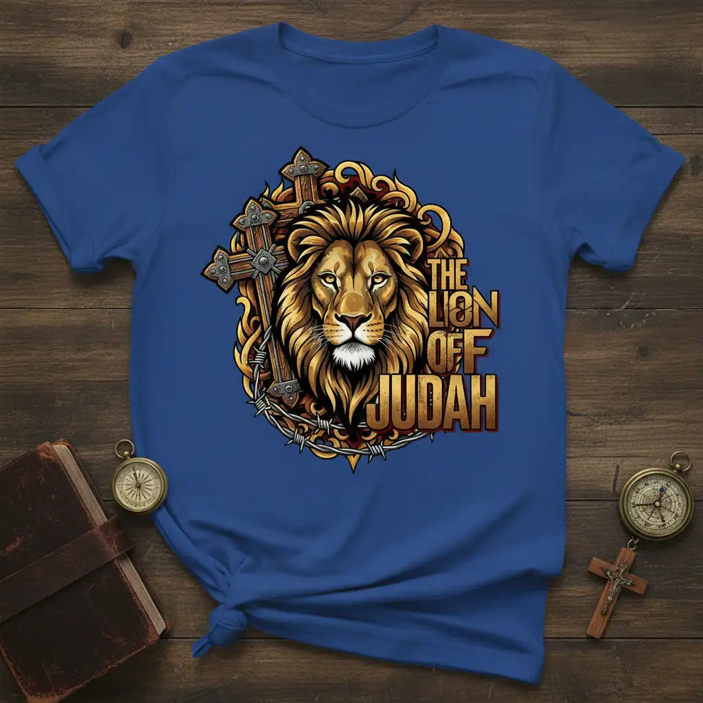 The Lion Off Judah text and majestic lion head graphic with cross on a blue t-shirt