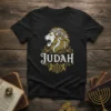 Black t-shirt featuring the Lion of Judah design with a lion wearing a crown of thorns and ornate gold accents
