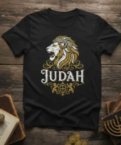 Black t-shirt featuring the Lion of Judah design with a lion wearing a crown of thorns and ornate gold accents