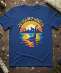 The Loch Ness Monster vintage sunset design with mountains and water reflection on a blue t-shirt