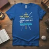Blue t-shirt with "The Lord Is My Light and My Salvation Psalm 27:12" text and a golden cross graphic