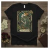 The Lovers tarot card design featuring kissing skeleton couple surrounded by roses, printed on a black t-shirt