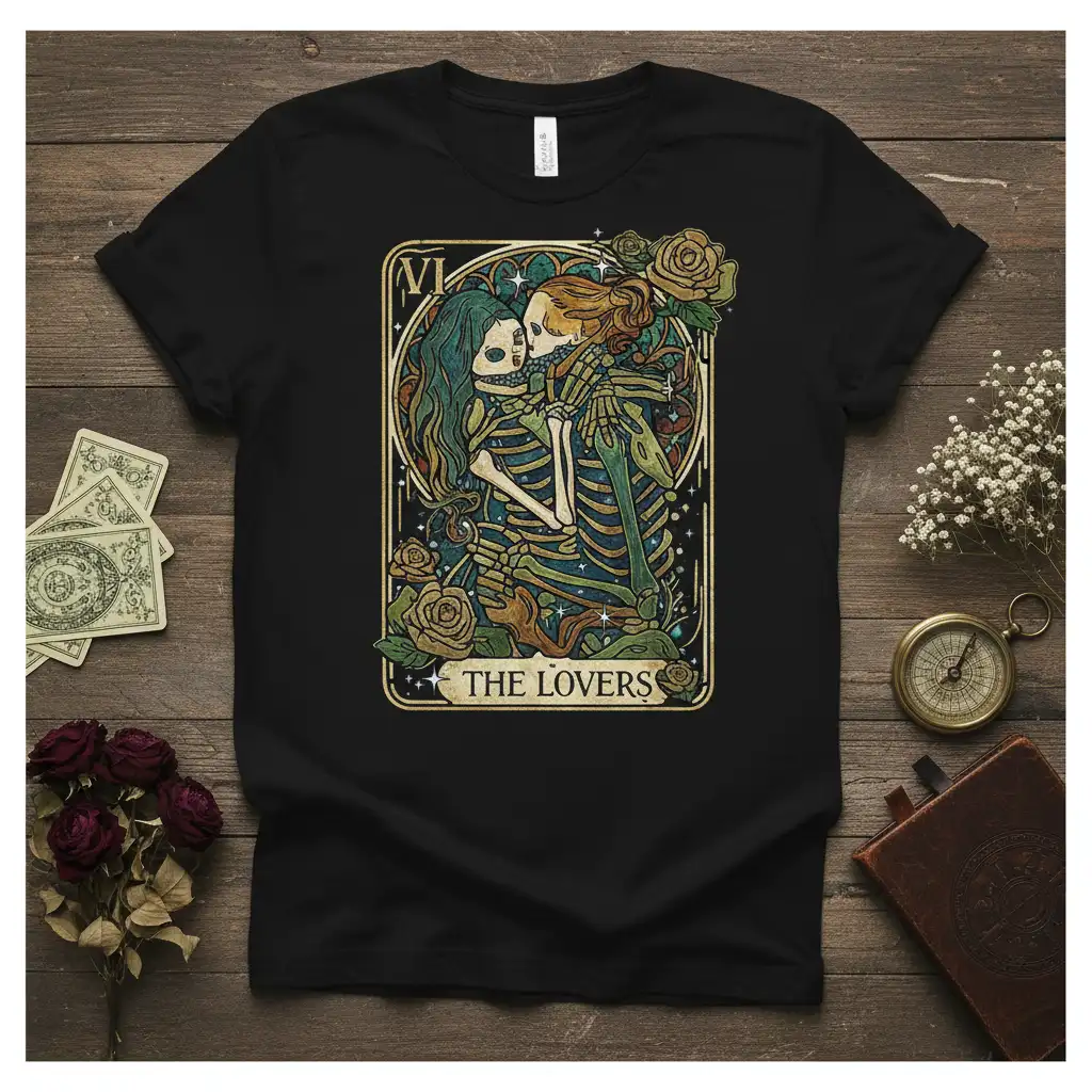 The Lovers tarot card design featuring kissing skeleton couple, roses, and mystical elements on a black tee