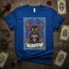 The Lovers Tarot Cat T-Shirt featuring a black cat within a tarot card border, surrounded by roses and hearts
