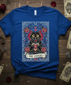 The Lovers Tarot Cat T-Shirt featuring a black cat within a tarot card border, surrounded by roses and hearts