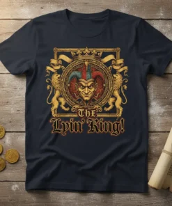 The Lyin' King t-shirt design featuring a medieval jester face, lions, and crown graphic with text "THE LYPIN' KING!"