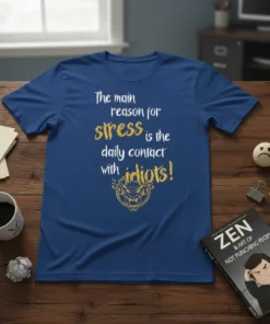 The main reason for stress is the daily contact with idiots quote on a blue t-shirt with a gold monster
