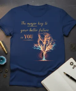 The major key to your better future is YOU quote with a glowing tree graphic on a navy t-shirt
