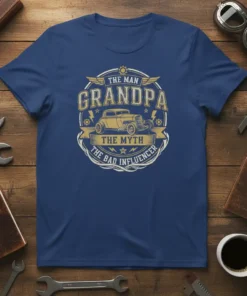 The Man Grandpa The Myth The Bad Influencer text with a vintage hot rod car graphic on a navy blue