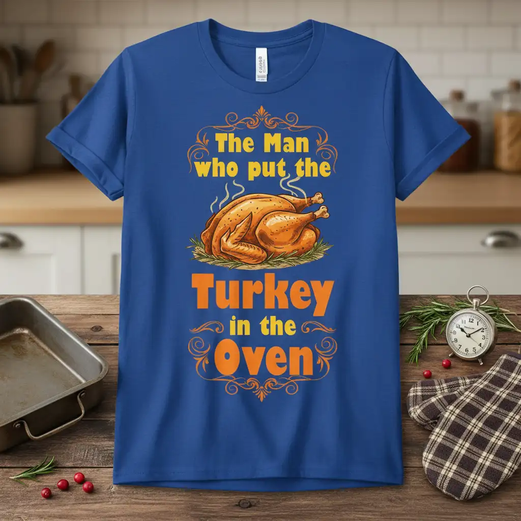 The Man who put the Turkey in the Oven text with roasted turkey graphic on a blue t-shirt