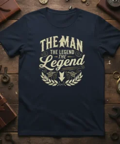 The Man The Legend The Legend quote on a navy blue t-shirt with distressed cream typography and laurel wreath graphic