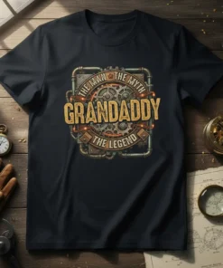 The Man The Myth Grandaddy The Legend text on a dark t-shirt with steampunk gear graphics