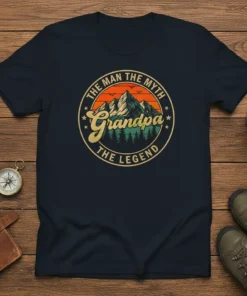The Man The Myth Grandpa The Legend vintage circular design t-shirt with mountains and sunset graphic