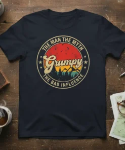 Vintage circle design with text "The Man The Myth Grumpy The Bad Influence" and mountain sunset graphic