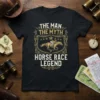 The Man The Myth Horse Race Legend text with jockey and horse graphic on black t-shirt
