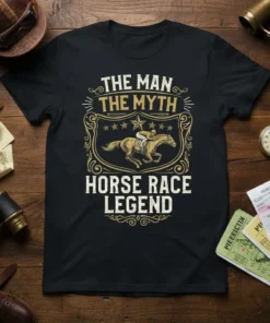 The Man The Myth Horse Race Legend text with jockey and horse graphic on black t-shirt