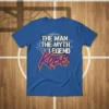 The Man The Myth Legend Kobe text design on a blue t-shirt, featuring stylized typography and basketball graphics