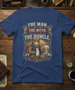 The Man The Myth The Duncle t-shirt design featuring a bear holding a beer with sunset mountains background