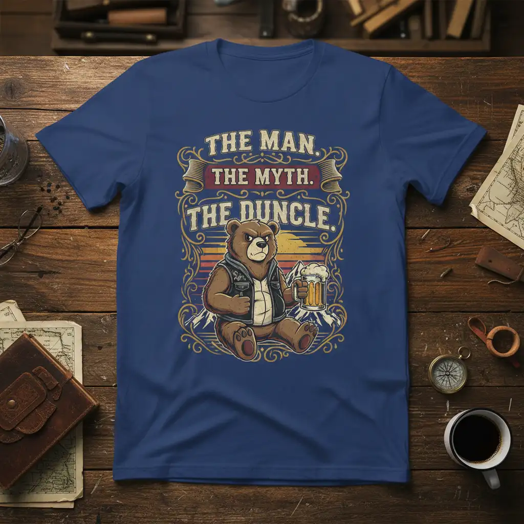 The Man The Myth The Duncle quote with a cool bear holding beer on a graphic t-shirt