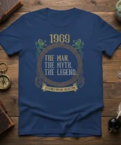 1969 The Man The Myth The Legend vintage birthday t-shirt with lion graphics and ornate border