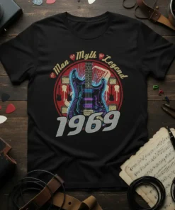 The Man The Myth The Legend 1969 t-shirt with electric guitar graphic and vintage concert amp design