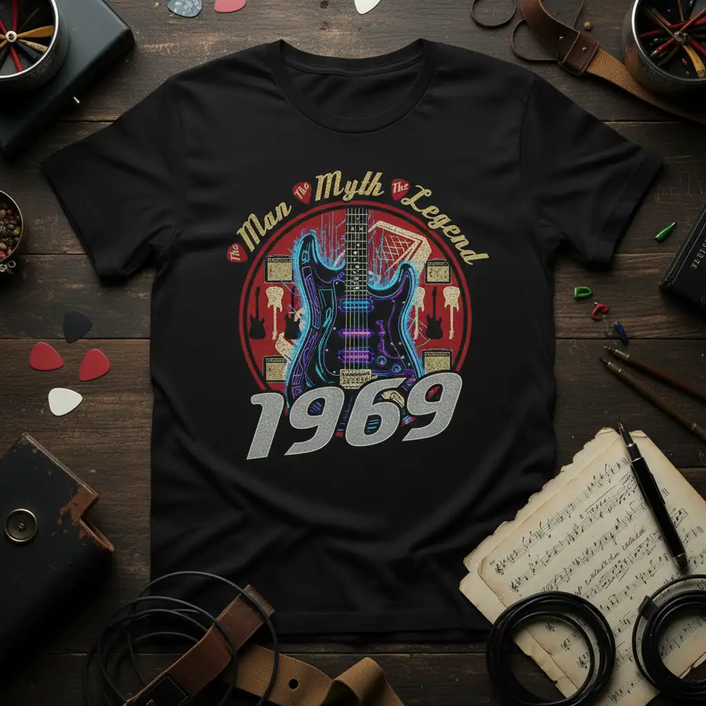 The Man The Myth The Legend 1969 design featuring a neon electric guitar and vintage amplifiers, perfect for music lovers