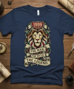 The Man. The Myth. The Legend. 1999 birthday t-shirt design featuring a majestic lion and vintage typography