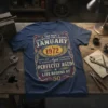 Vintage style t-shirt design for January 1972 birthdays, featuring "The Man The Myth The Legend" and "Life Begins At 50"