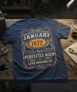Vintage style t-shirt design for January 1972 birthdays, featuring "The Man The Myth The Legend" and "Life Begins At 50"