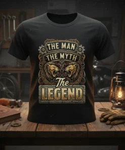 The Man The Myth The Legend quote t-shirt design with roaring lion graphics