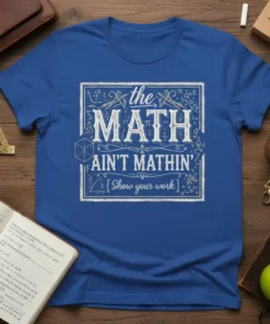 Blue t-shirt with white distressed text "the MATH AIN'T MATHIN' {Show your work}" and math symbols