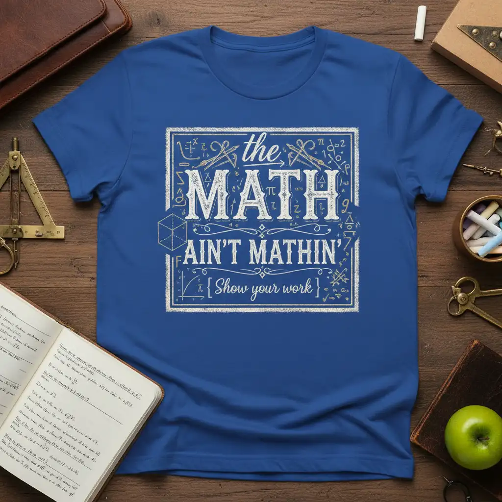 The Math Ain't Mathin' Show Your Work quote on a blue t-shirt with mathematical symbols