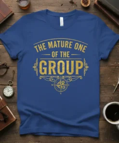 The Mature One Of The Group quote in gold distressed font on a blue t-shirt with a compass graphic