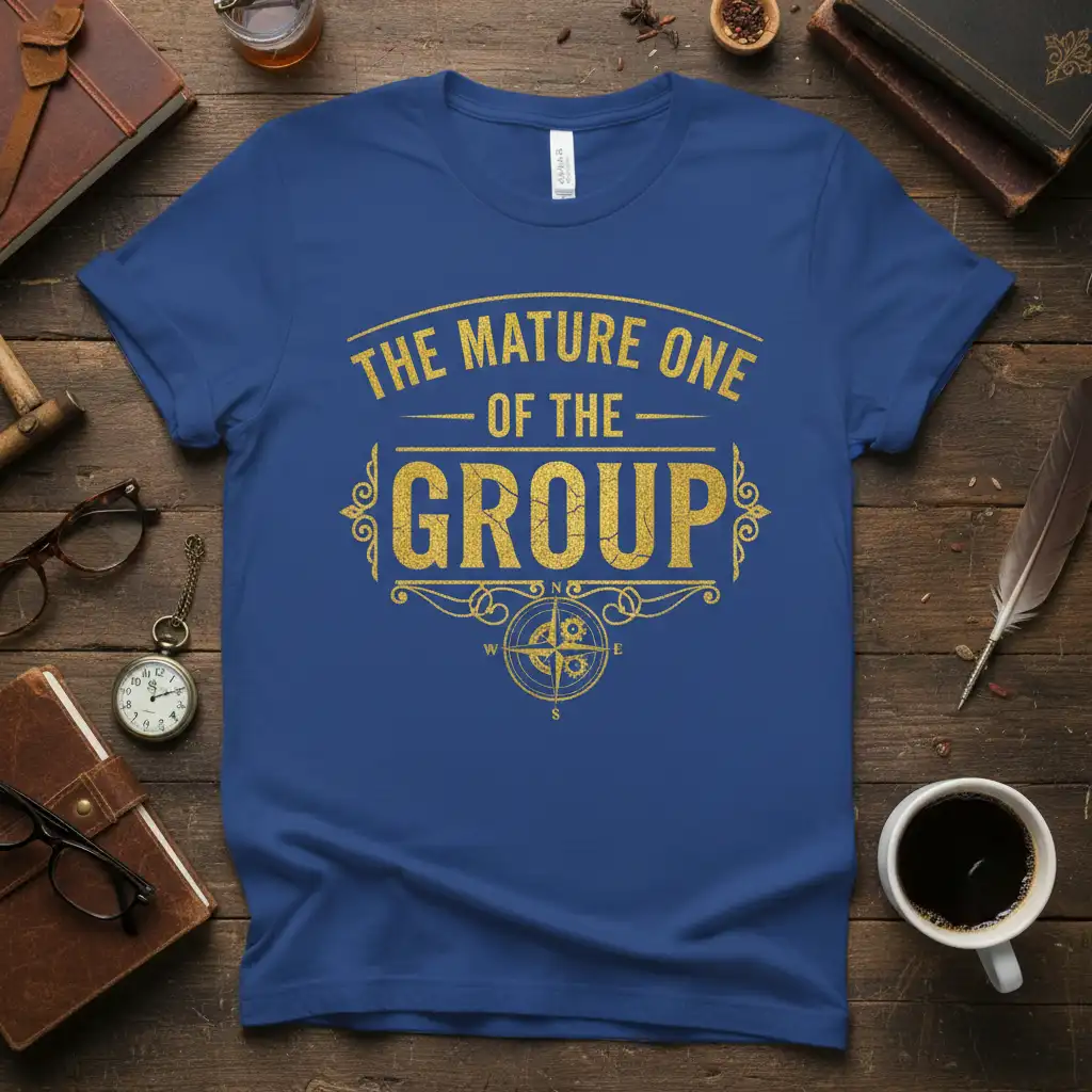 The Mature One Of The Group quote in distressed gold lettering on a royal blue t-shirt, featuring a decorative compass graphic