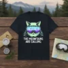 The Meowtains Are Calling t-shirt design featuring a cat wearing ski goggles with a mountain reflection