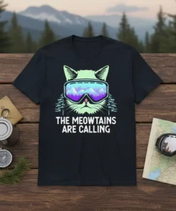 The Meowtains Are Calling t-shirt design featuring a cat wearing ski goggles with a mountain reflection